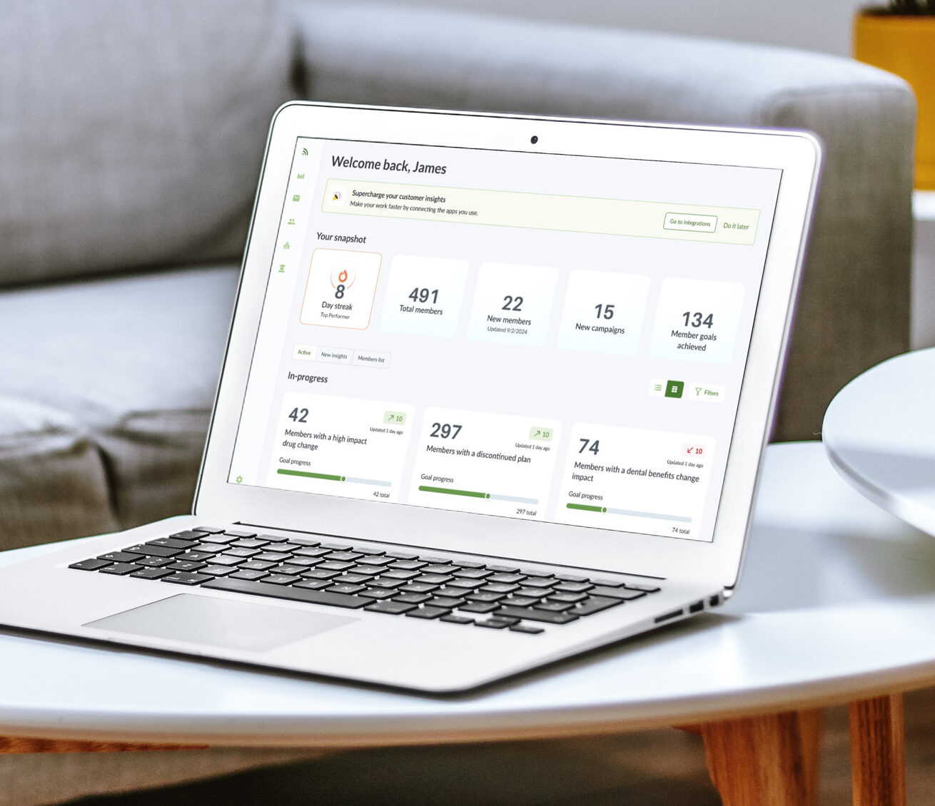 ConnectureDRX Active Analytics product mockup showing member insights on a laptop