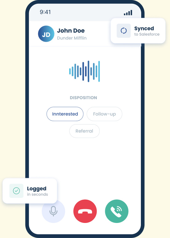 Conquer Voice Plus interface showing a call disposition and Salesforce synchronization