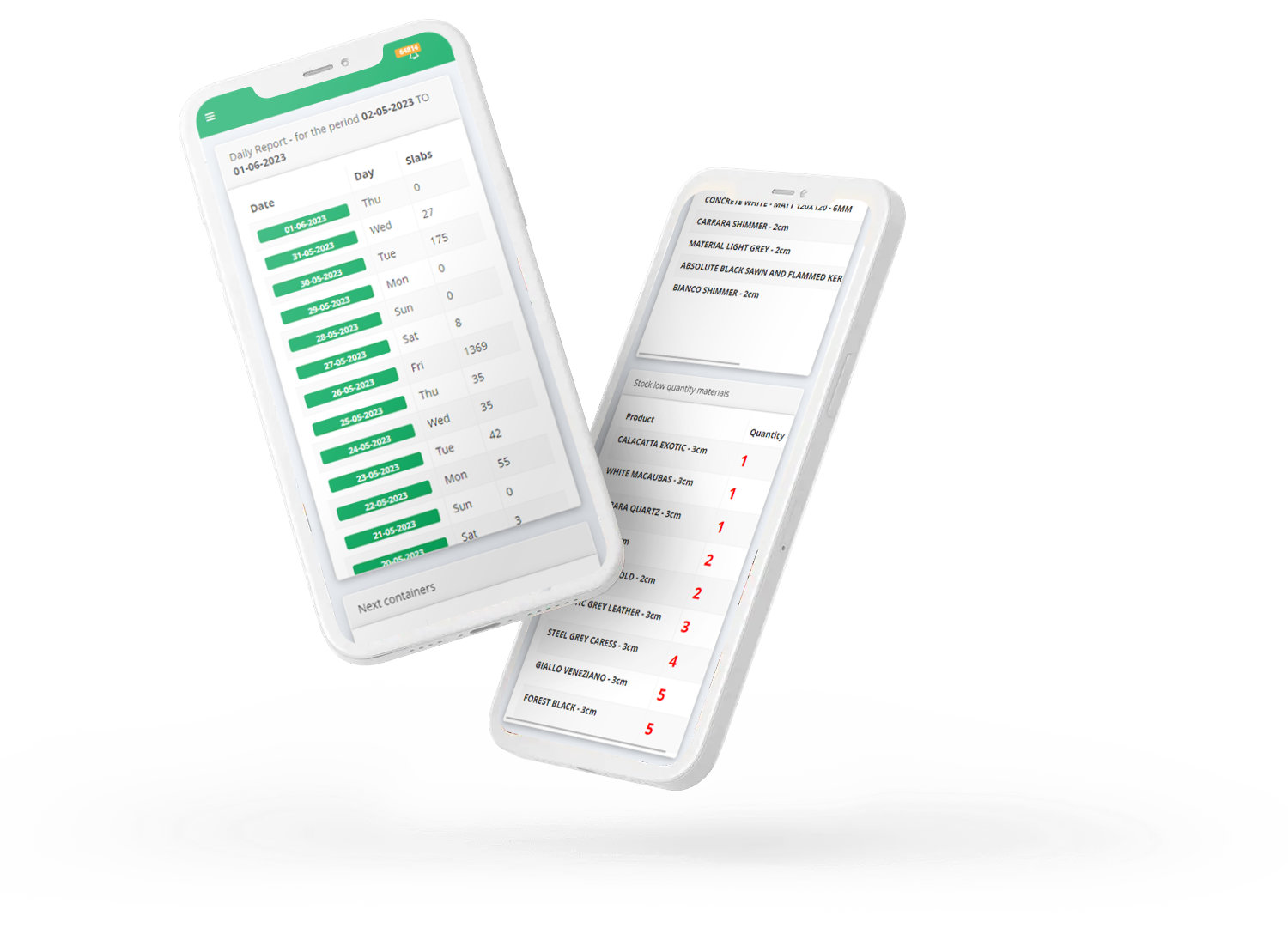 Stone Trading mobile mockup with daily slab reports and low-stock inventory