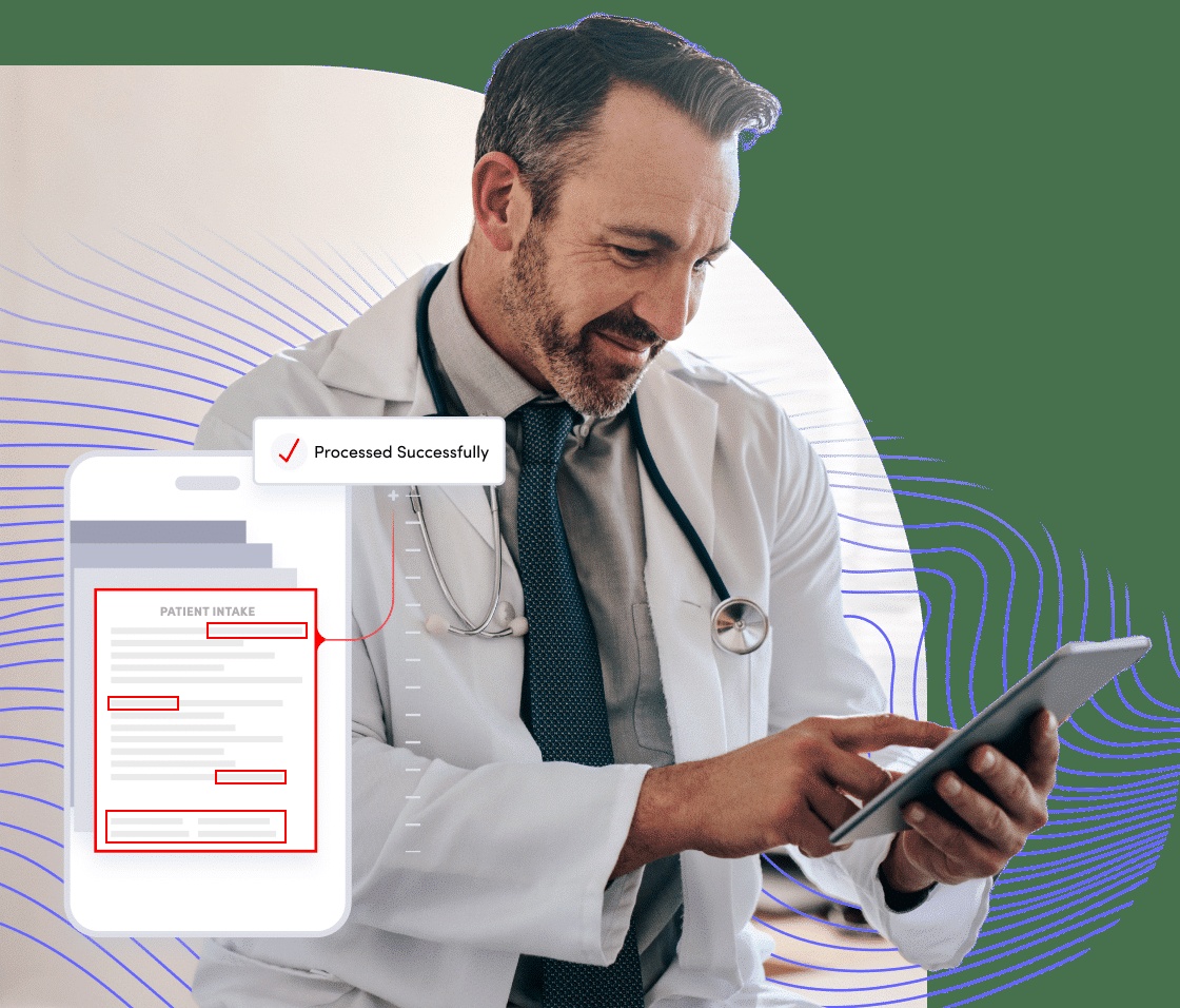 eFax Clarity promotional illustration combining a clinician, an intake form and highlighted data fields