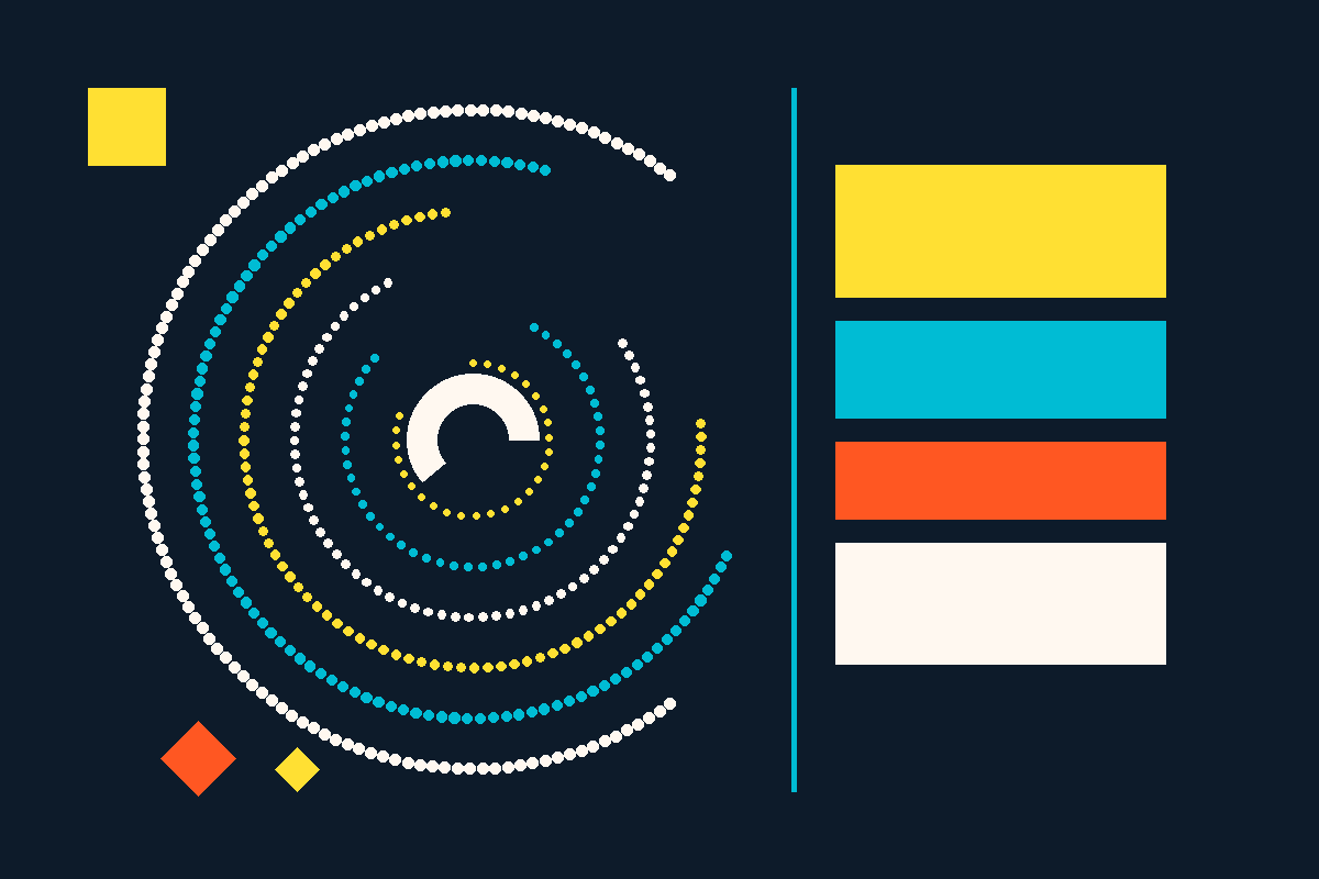 Swiss-style abstract graphic of concentric dotted rings forming a swirl beside a stack of colored blocks