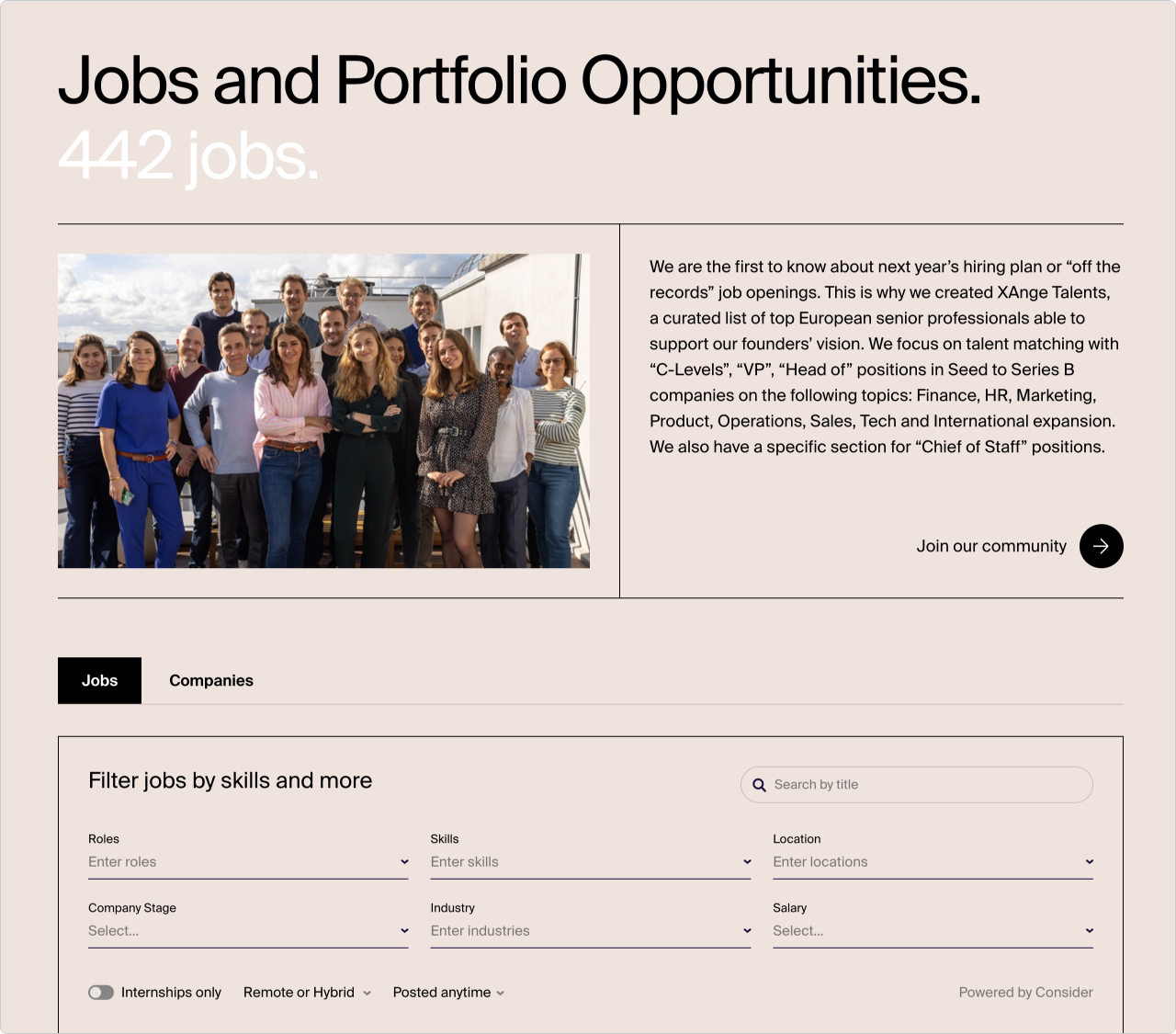 Screenshot of the Consider-powered XAnge portfolio job board showing 442 jobs, search filters and a portfolio team photograph