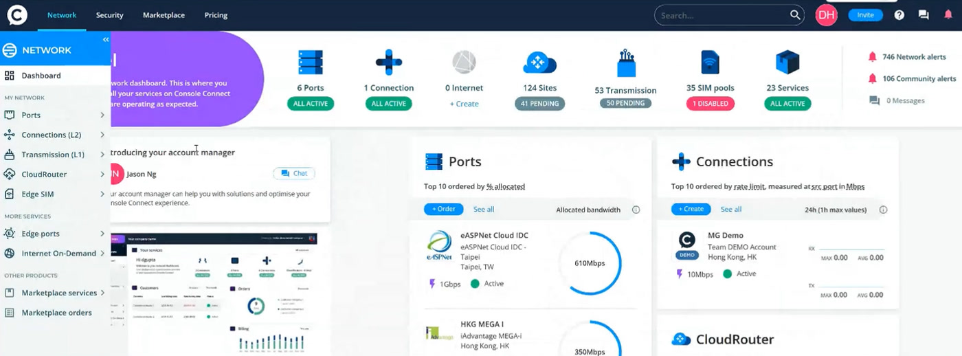 Console Connect dashboard showing ports, connections, service status and cloud shortcuts