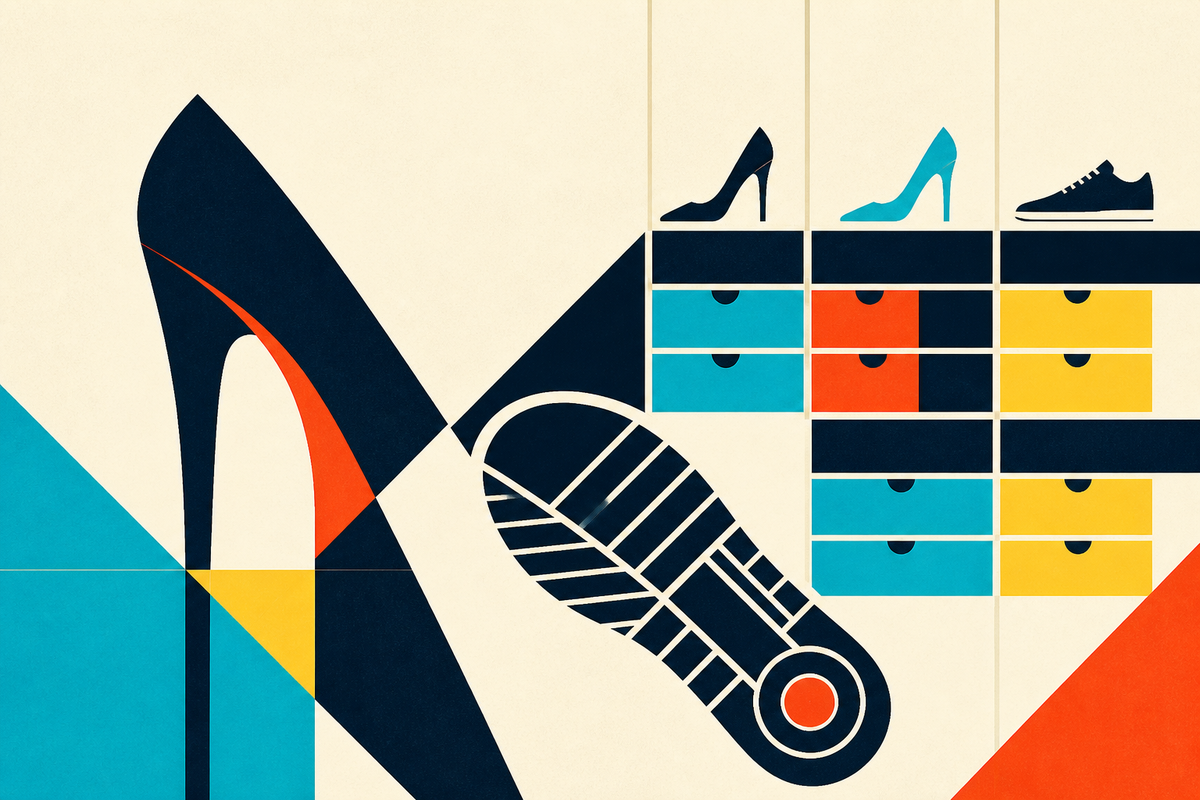 Abstract Swiss-style composition of shoes, soles and size-sorted shelving