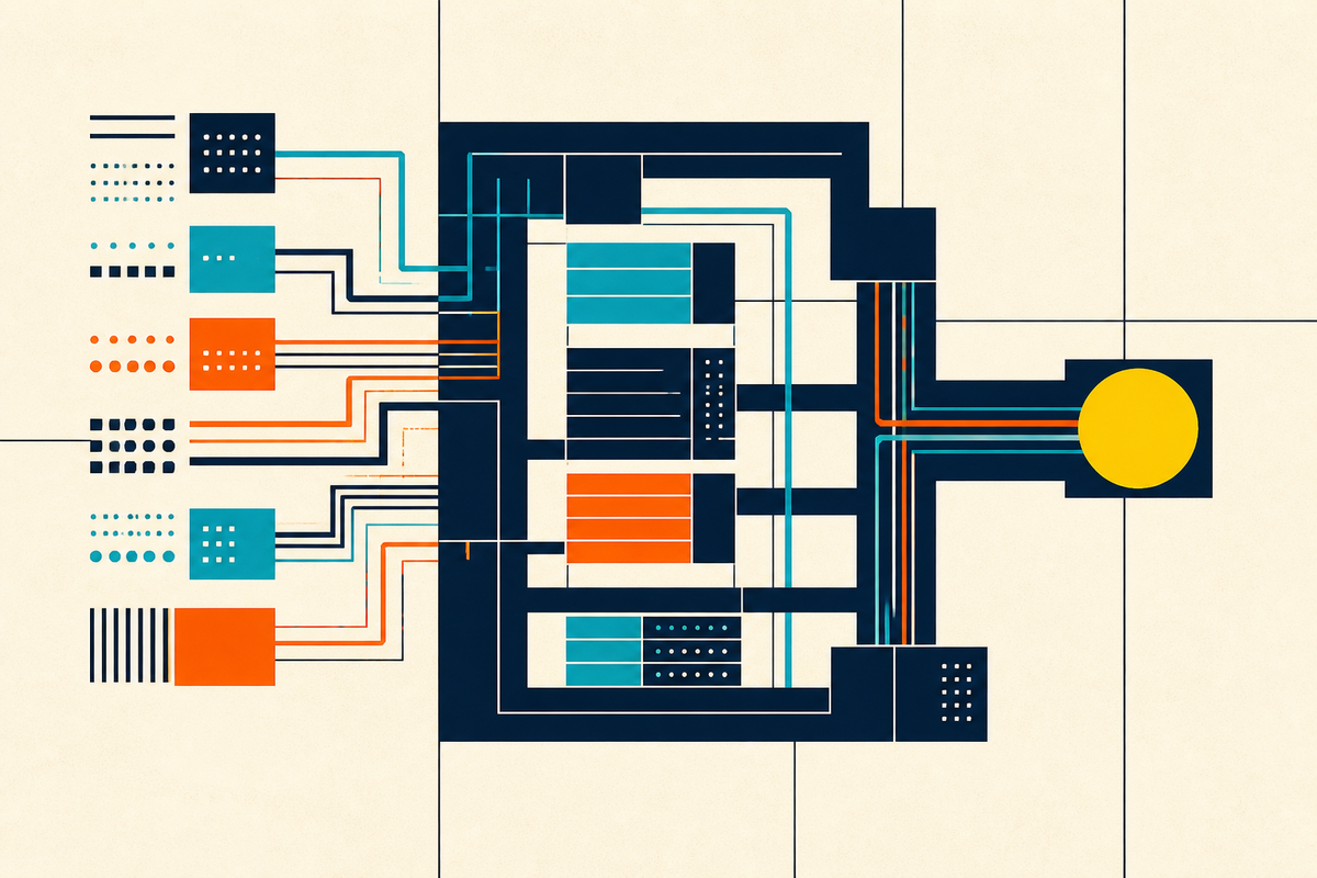 Abstract Swiss-style illustration of modular banking systems joining into a single architecture