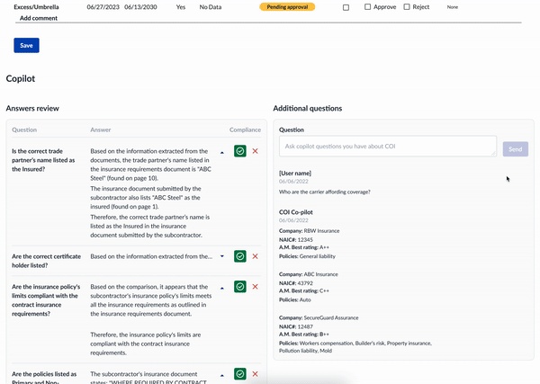Constrafor insurance product interface showing compliance review information