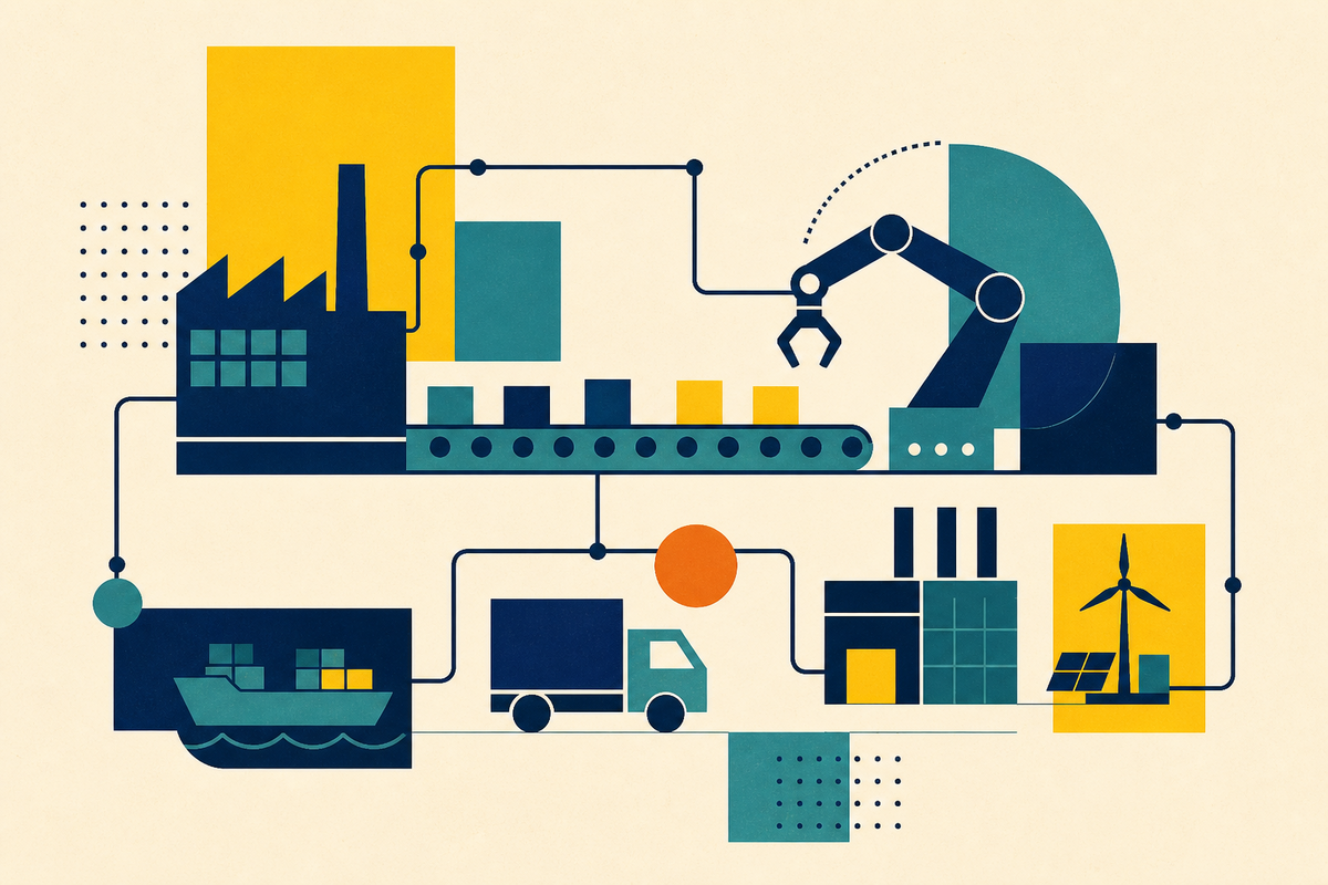 Abstract Swiss-style illustration connecting a factory, robot arm, freight truck, cargo ship and energy system