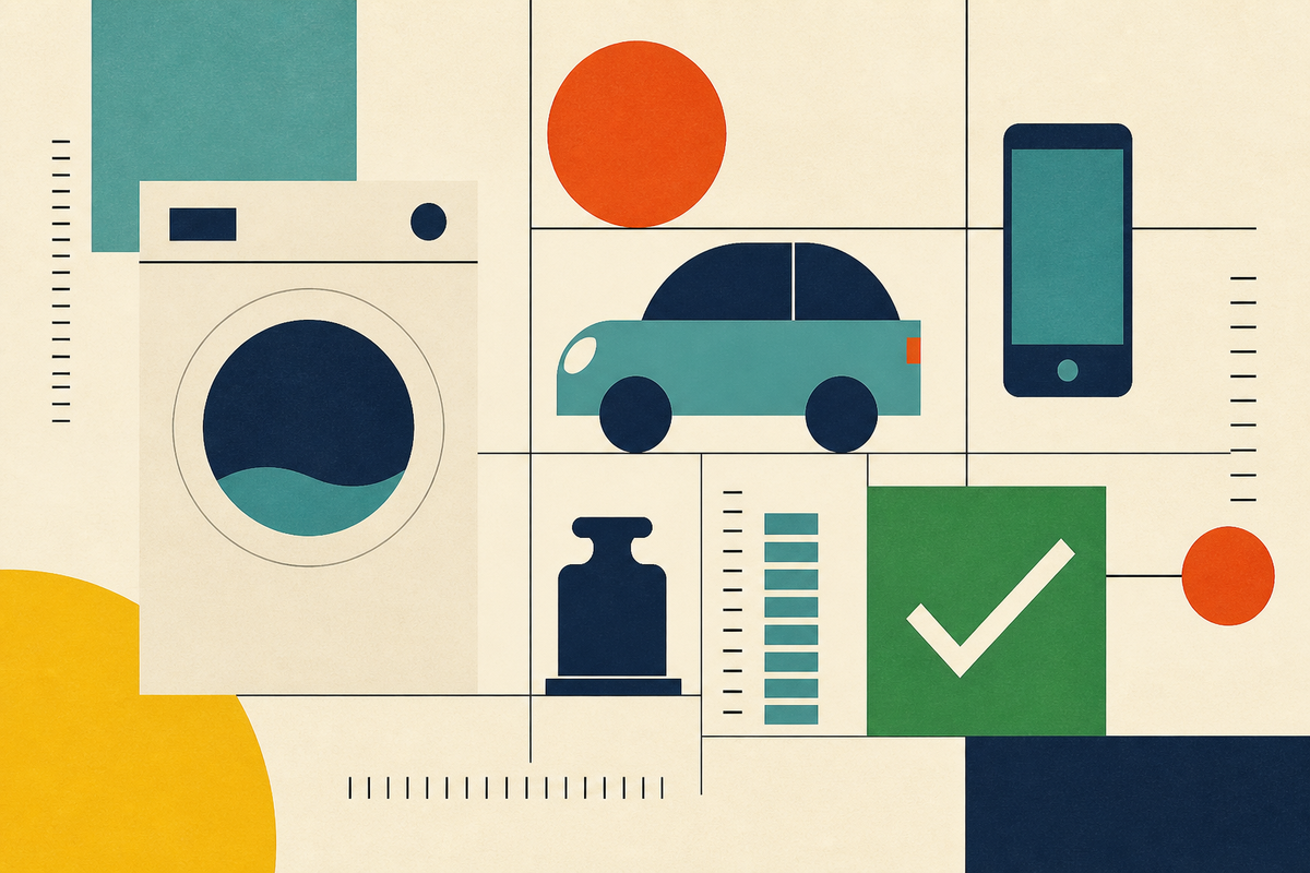 Abstract Swiss-style composition of products, test marks and a green check