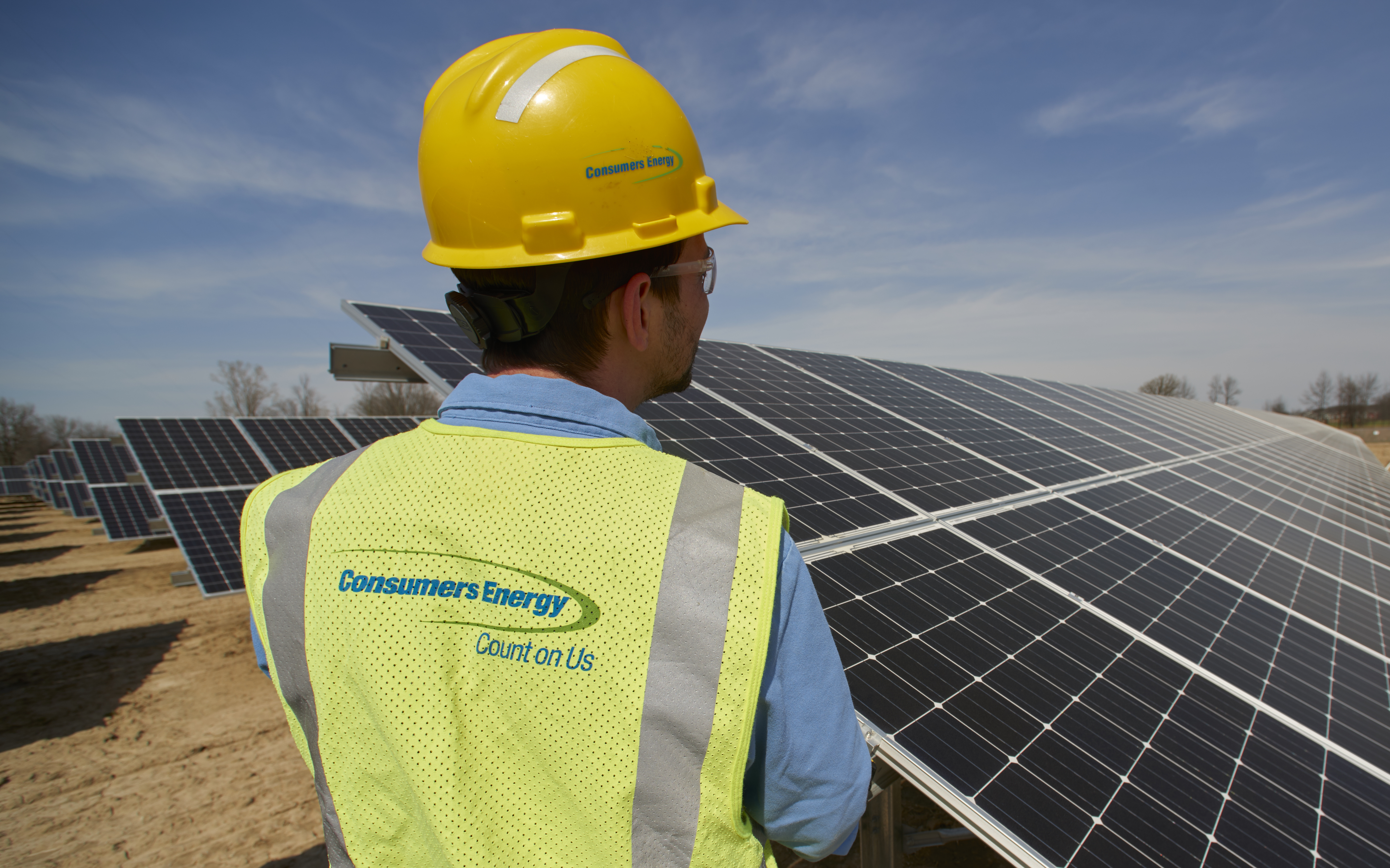 Consumers Energy worker overlooking rows of solar panels