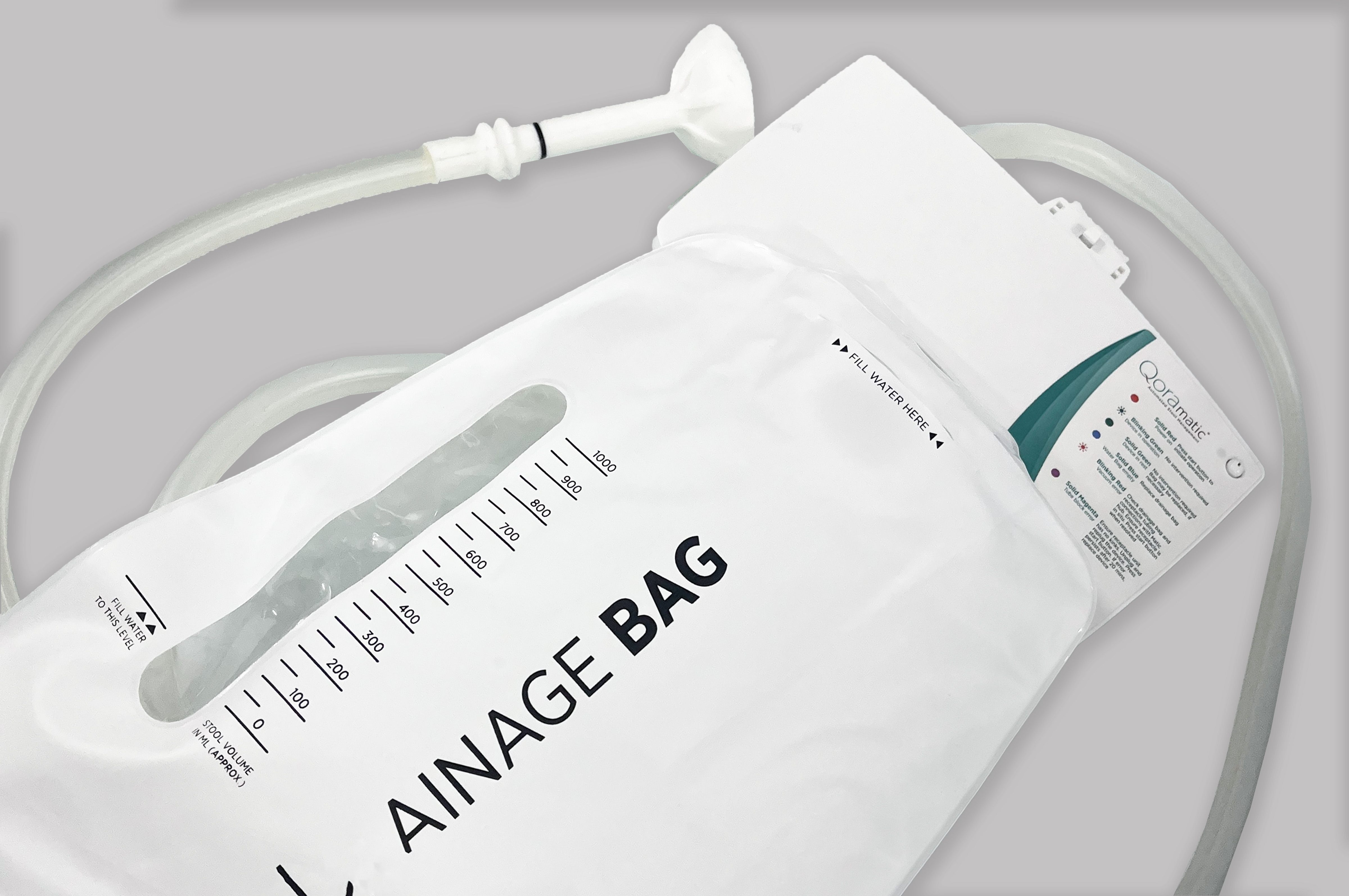 Qoramatic drainage bag, tubing and automated hub