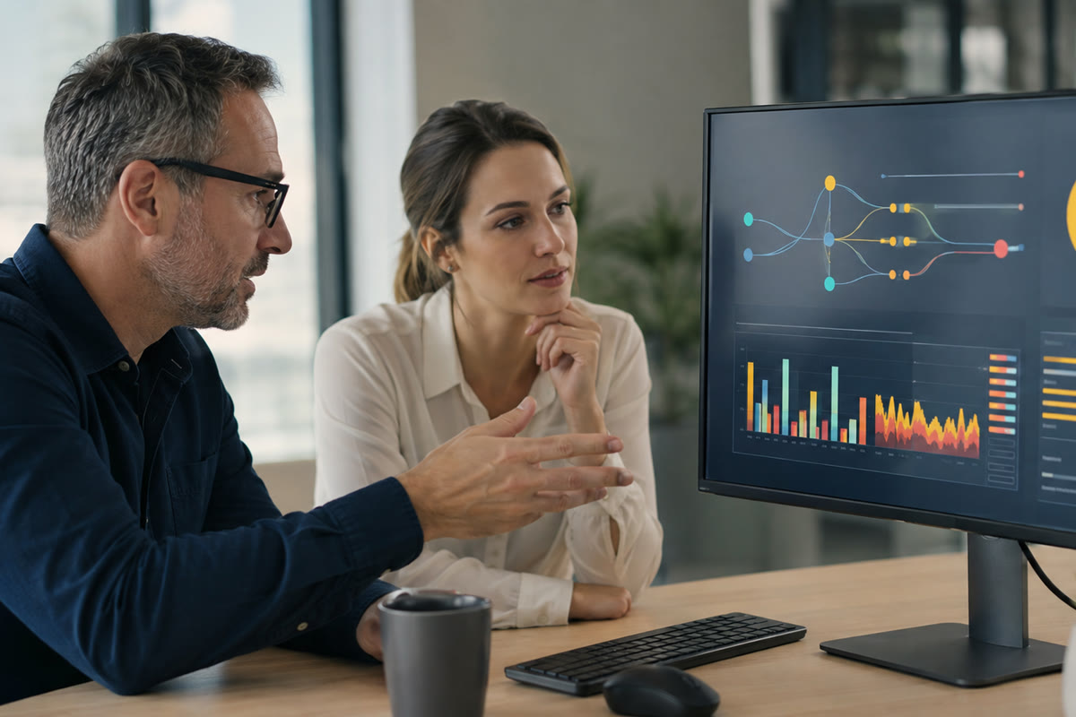 Two operations leaders discussing an abstract contact center analytics display