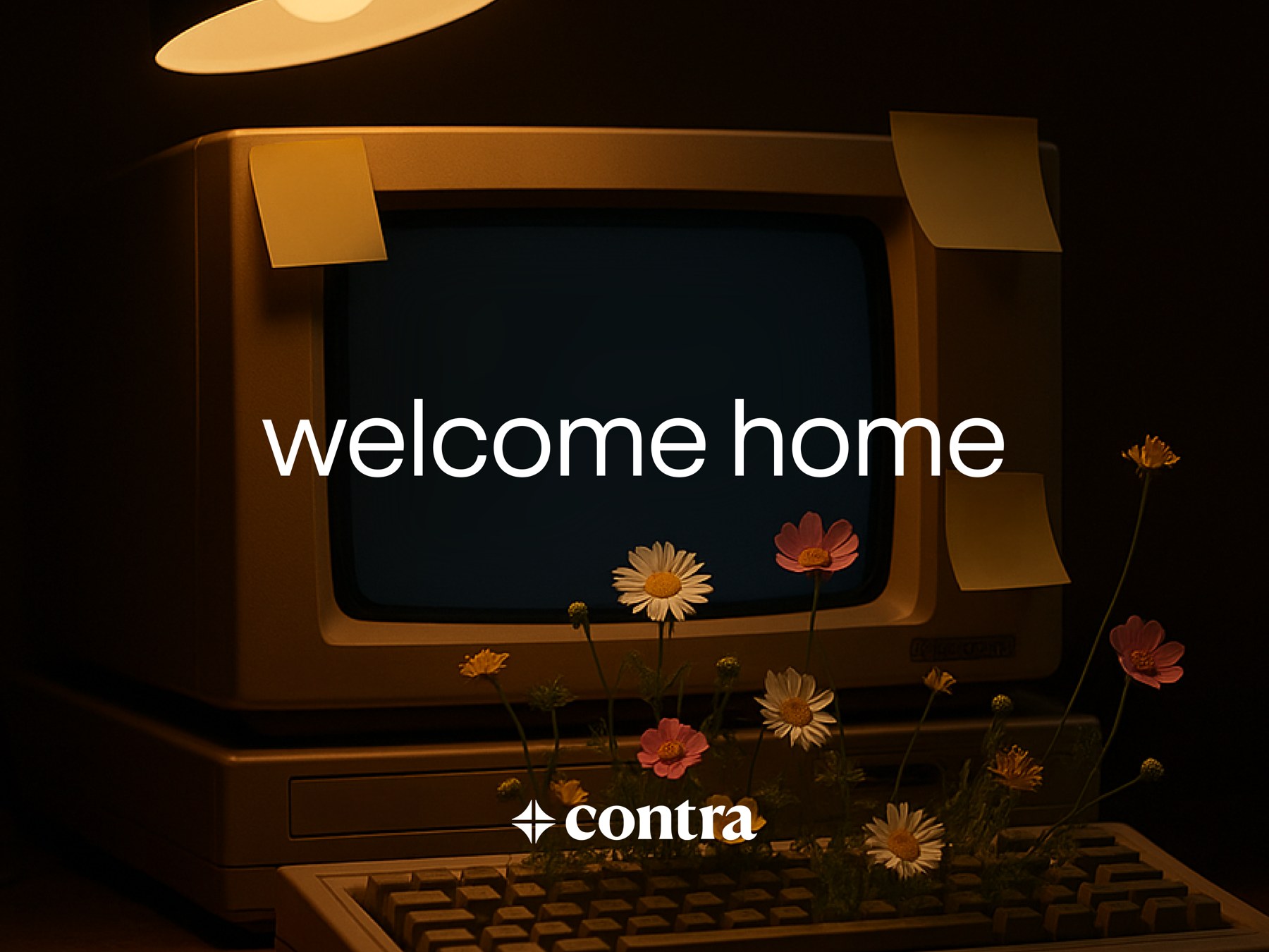 Contra campaign visual showing an old computer welcoming creatives home