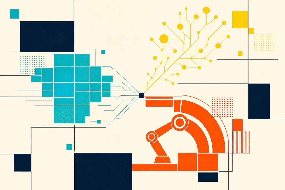 Abstract Swiss-style composition where a software grid, neural branches and an industrial machine converge