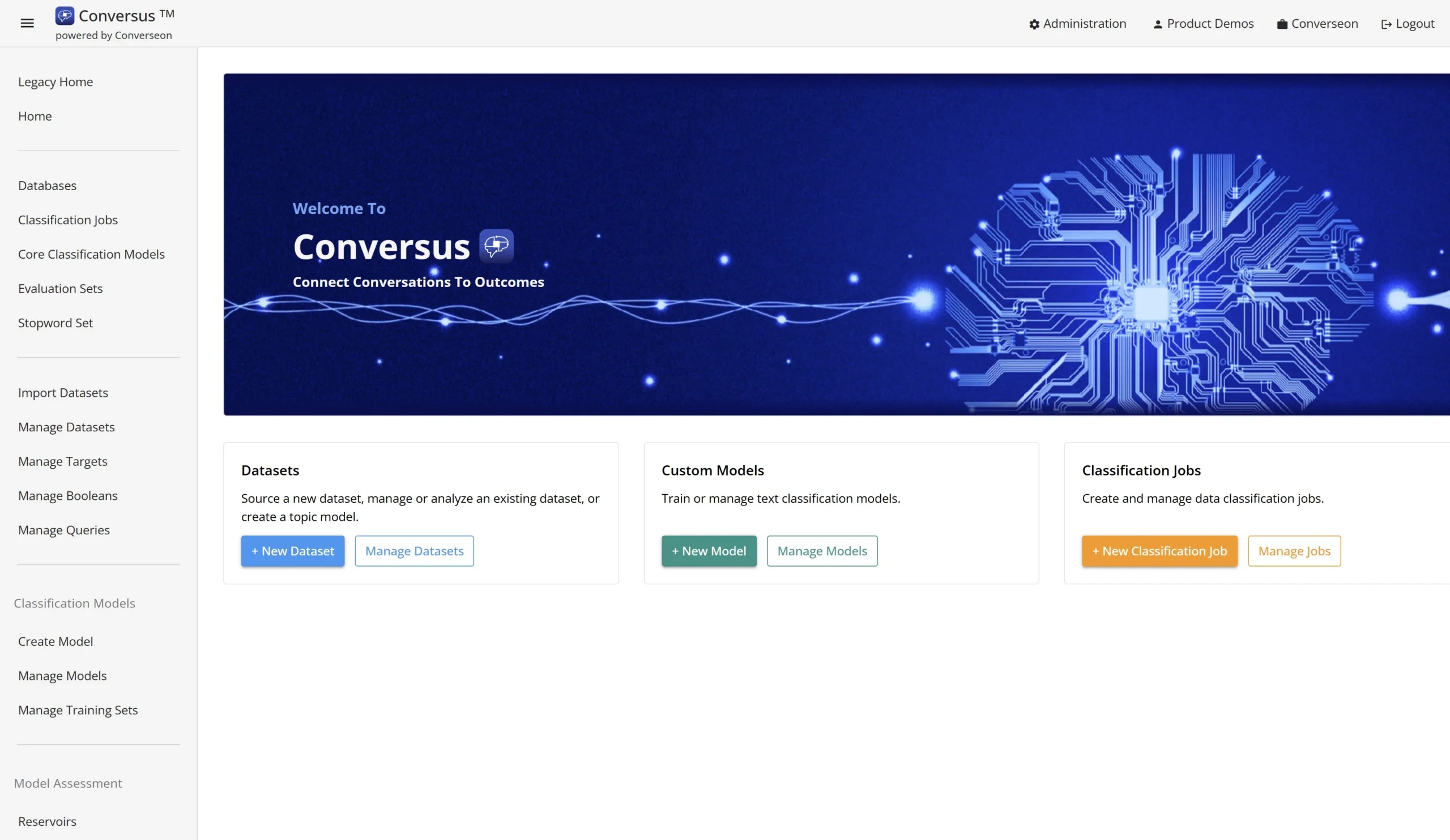 Conversus product interface with dataset, custom-model and classification-job controls