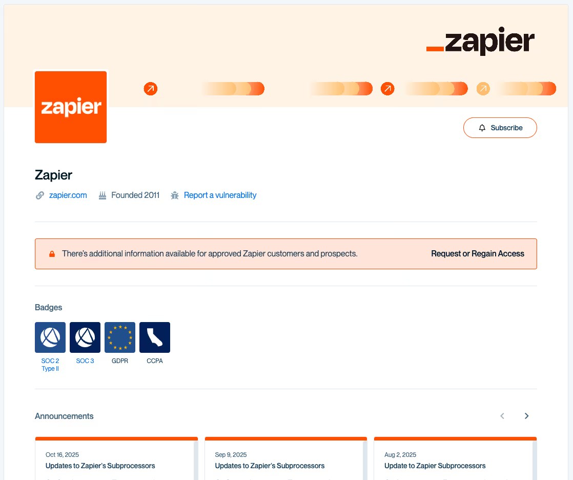 Screenshot of Zapier's Conveyor Trust Center, showing security badges and controlled document access