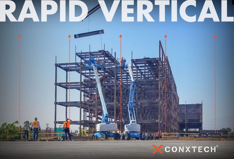 ConXtech prefabricated structural steel frame being erected with lift equipment