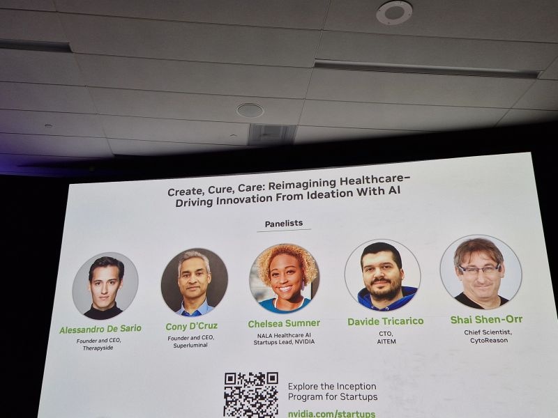 A photograph of the GTC 2025 panel introduction screen, with Cony D’Cruz’s portrait second from the left.