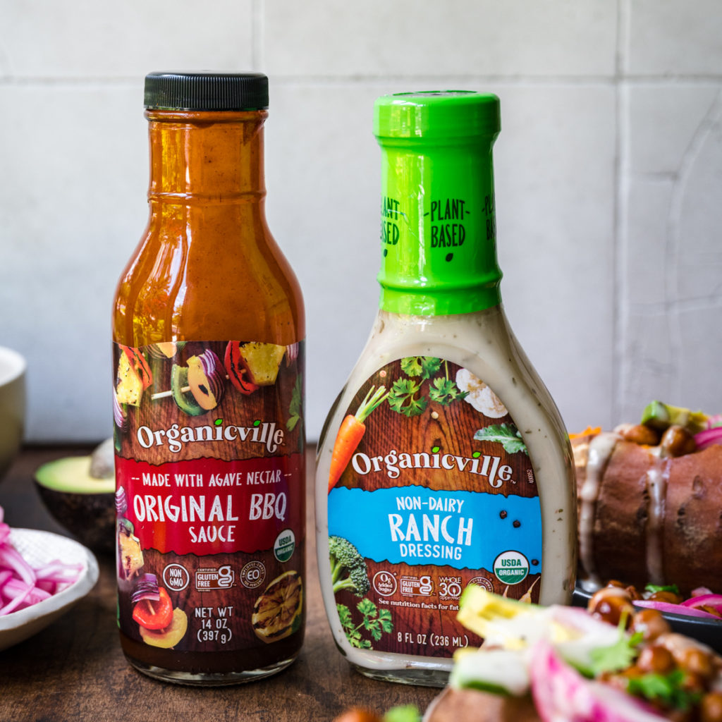 Stuffed sweet potatoes with chickpeas and Organicville barbecue sauce, from the agency’s campaign