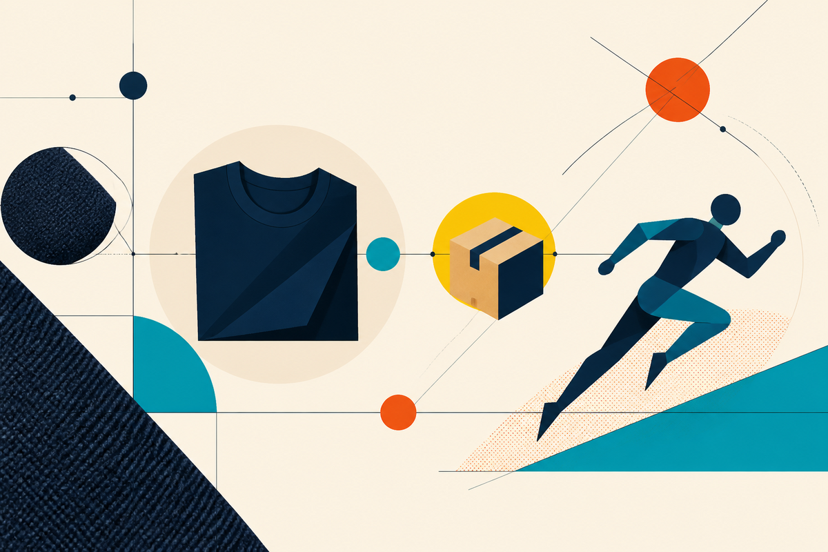 Abstract Swiss-style composition linking fabric, a folded shirt, a parcel and a runner