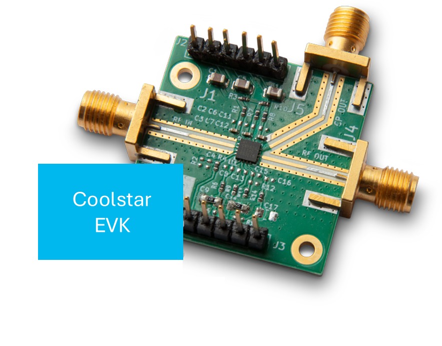 Coolstar RF evaluation board with connector ports and an amplifier chip