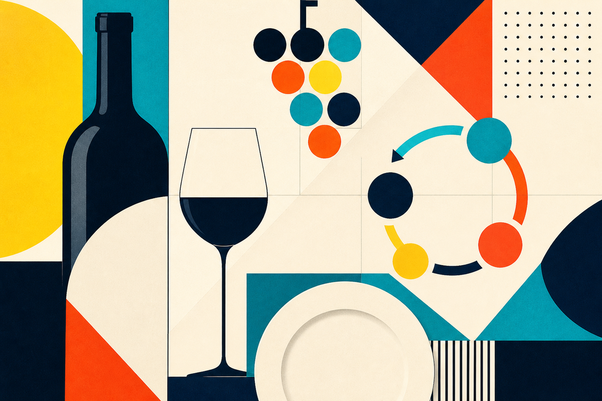 Geometric illustration of a bottle, wine glass, plate, grapes and a circular return loop in a Swiss poster style