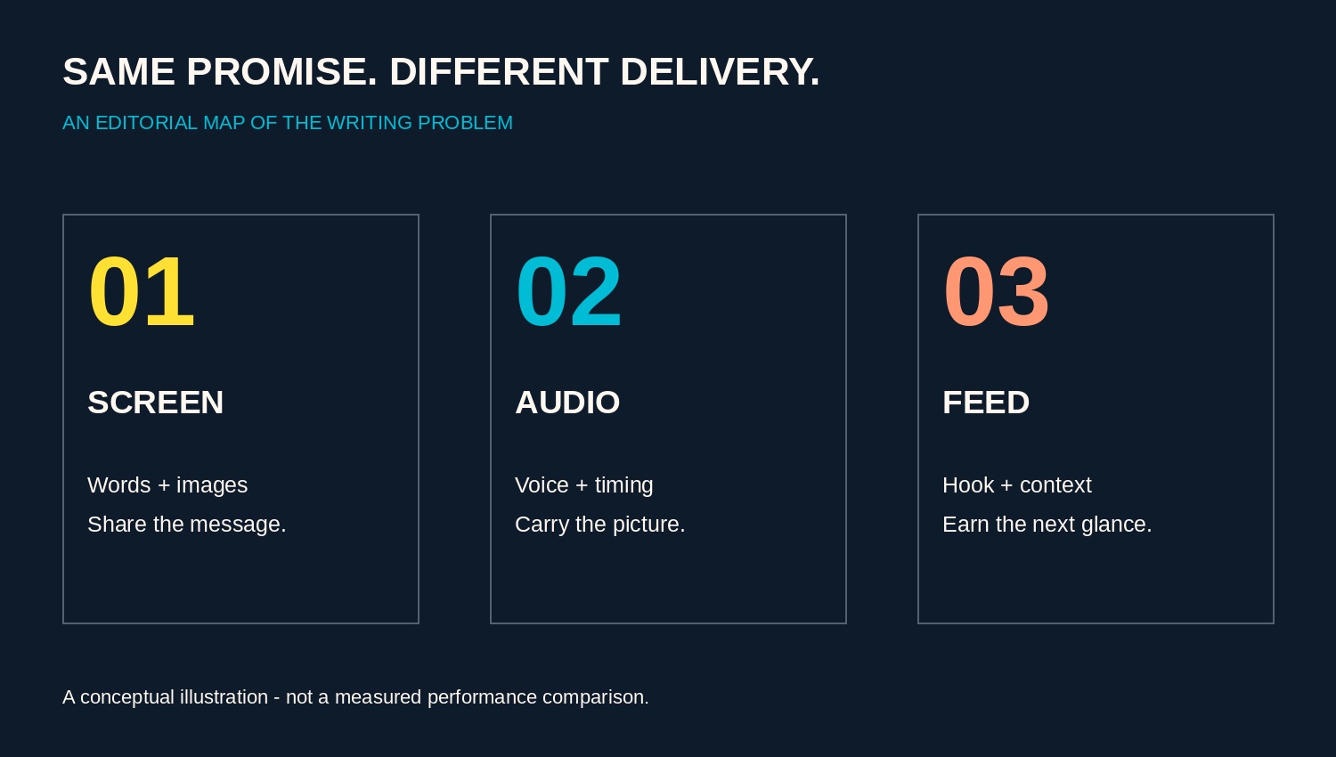 Editorial diagram comparing screen, audio, and feed writing: the same promise needs a different delivery.