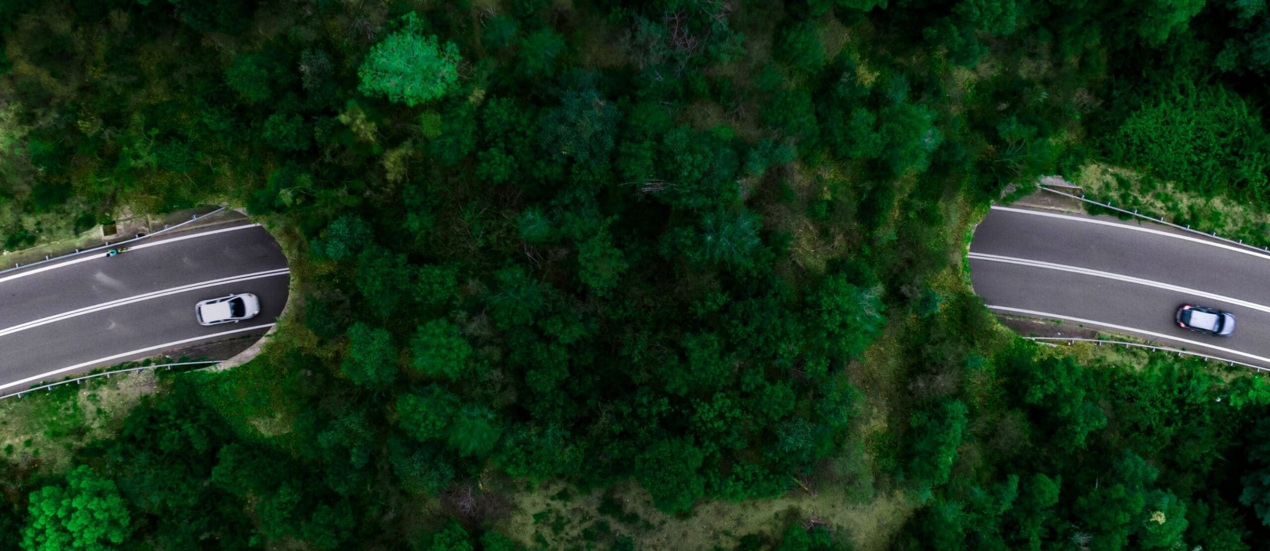 An aerial view of two road entrances disappearing beneath a green hillside