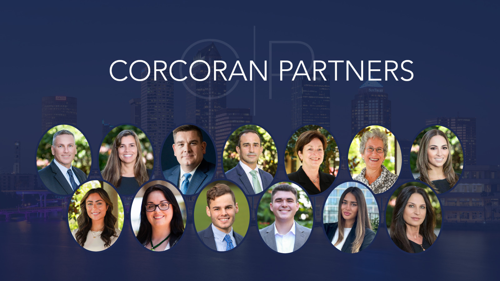 Corcoran Partners team portraits arranged over the Tampa skyline