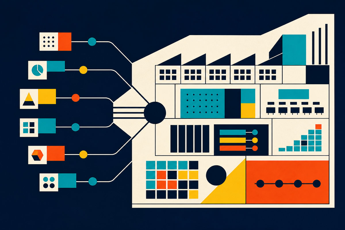 Abstract Swiss-style illustration of specialist software modules connecting to a shared operating system