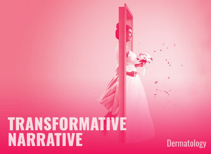 Pink Core-Rx dermatology campaign artwork showing a woman stepping through a door