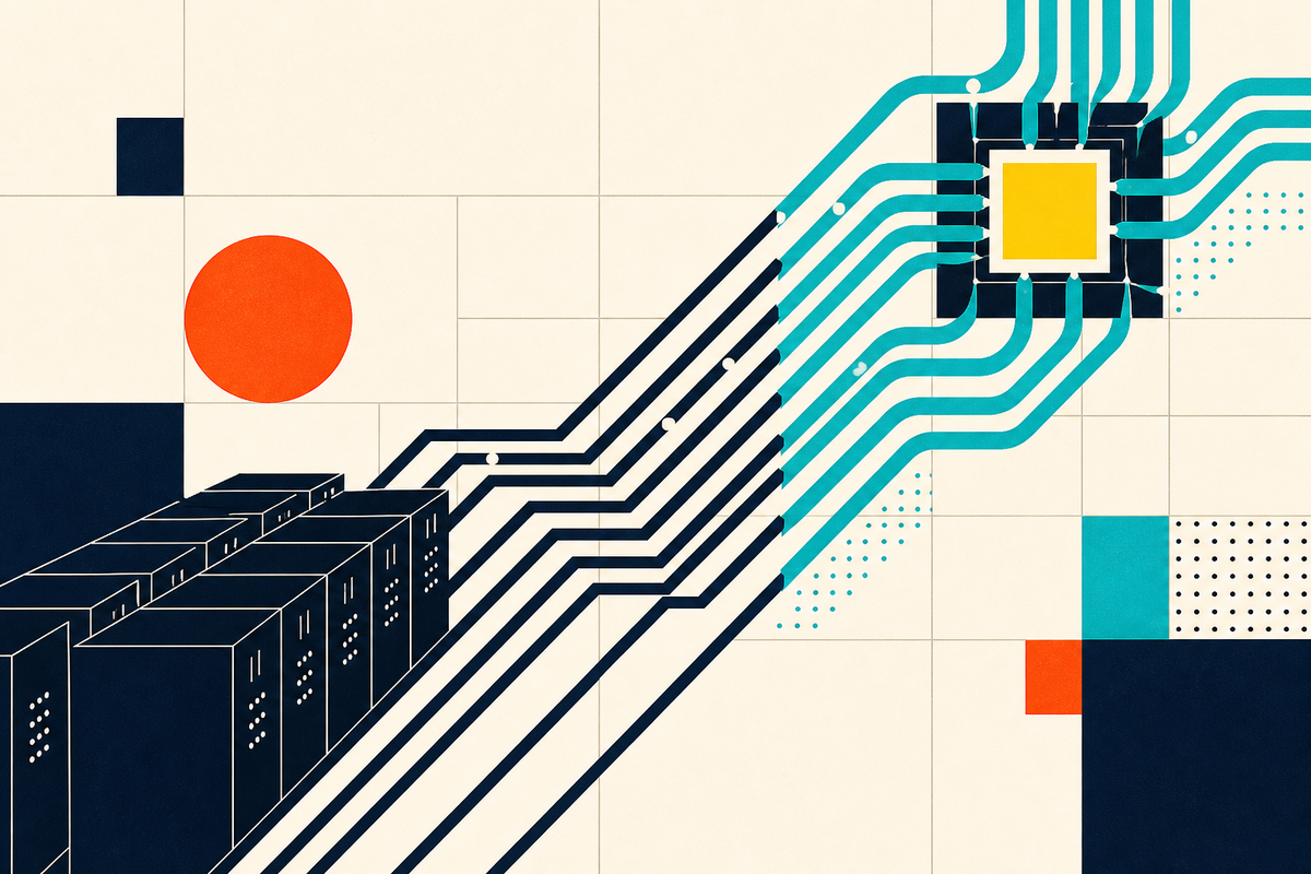 Abstract Swiss-style illustration of server blocks feeding a liquid-cooled compute core