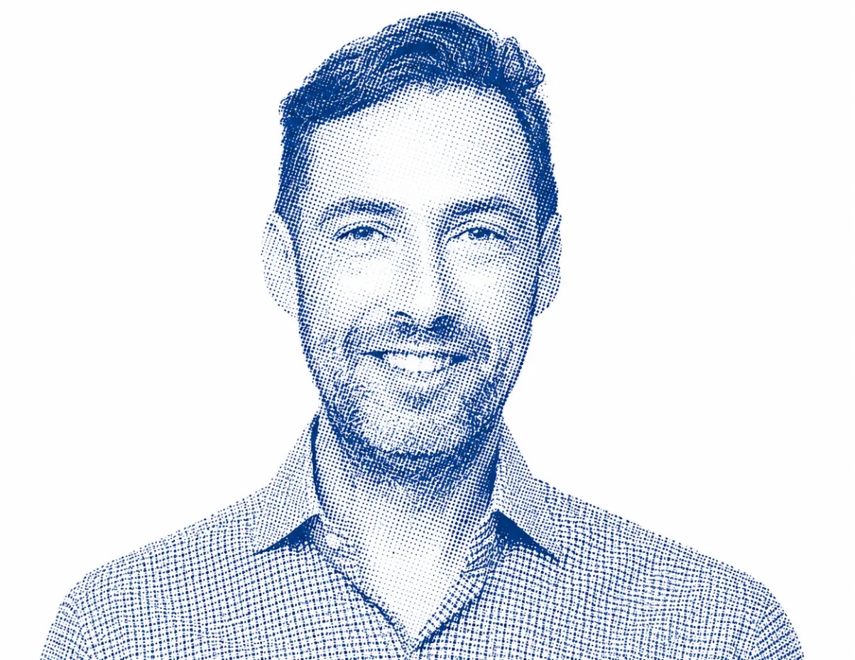 Official blue halftone portrait of Core VC founder Arjan Schütte
