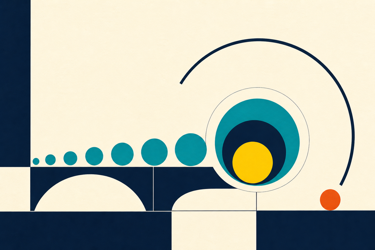 Abstract Swiss-style circles travel across a navy bridge into protected nested forms