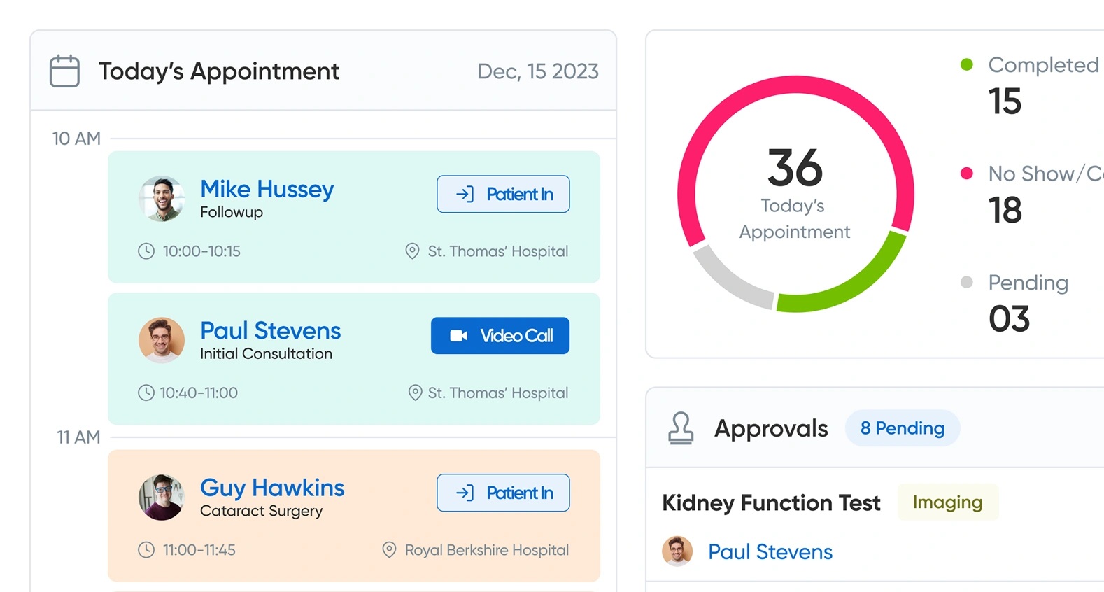 Salutem promotional interface showing appointments, patient arrival controls and an approvals panel