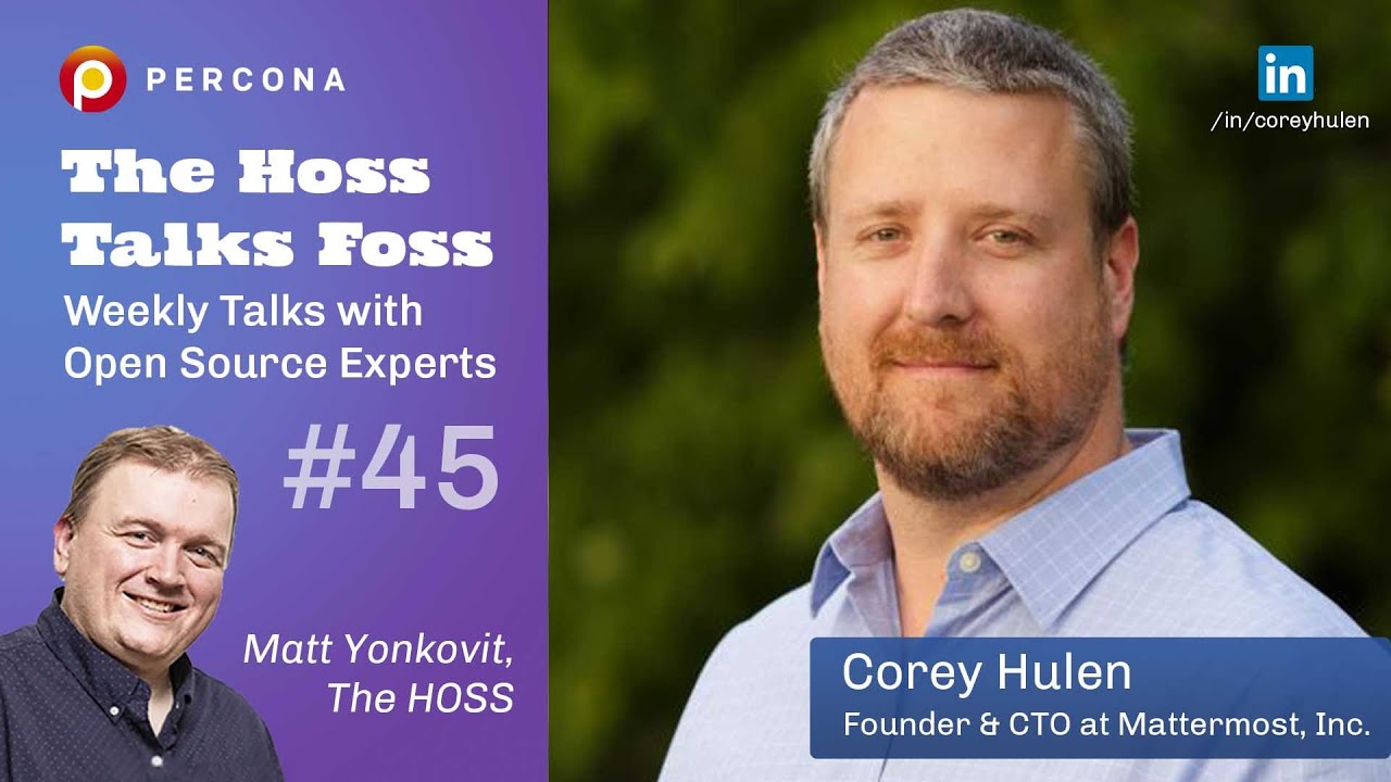 Interview graphic featuring Corey Hulen for a Percona open-source podcast