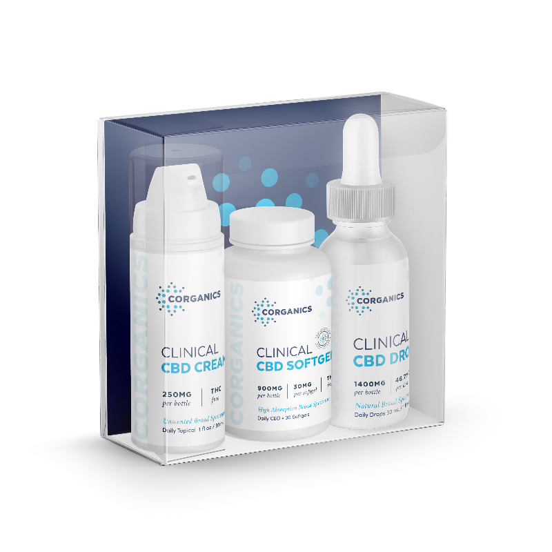 Corganics Clinical CBD 3-Product Kit: cream, softgels, and drops in a clear display case