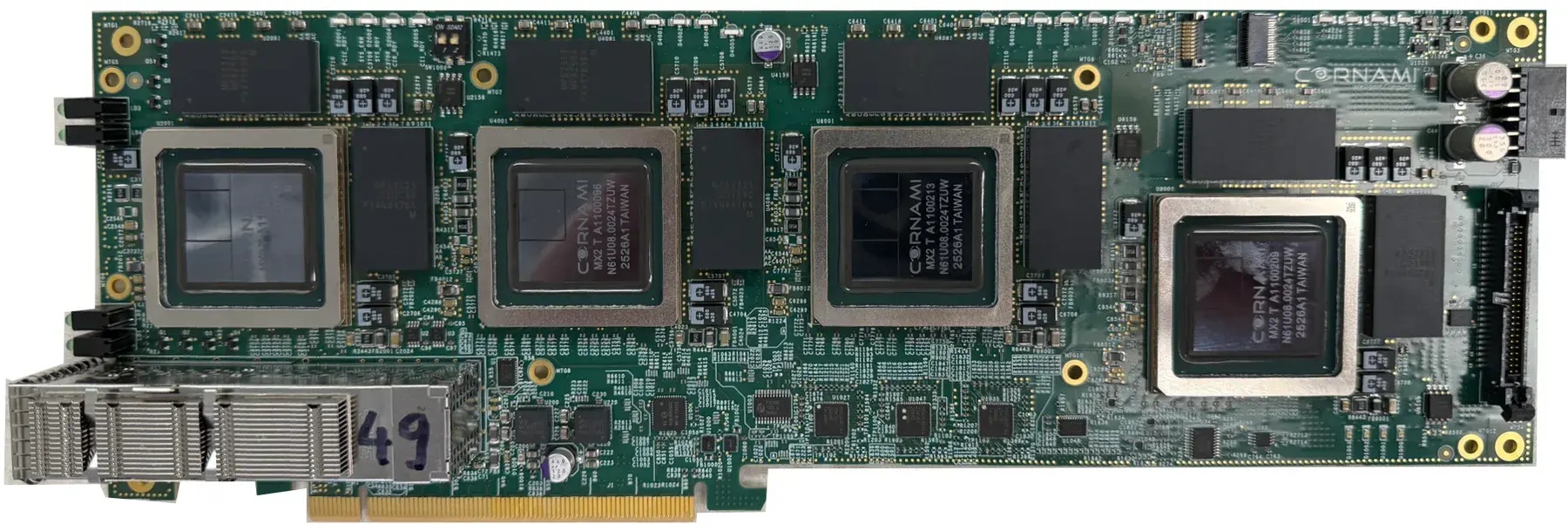 Cornami compute board with large chip packages, connectors and cooling hardware