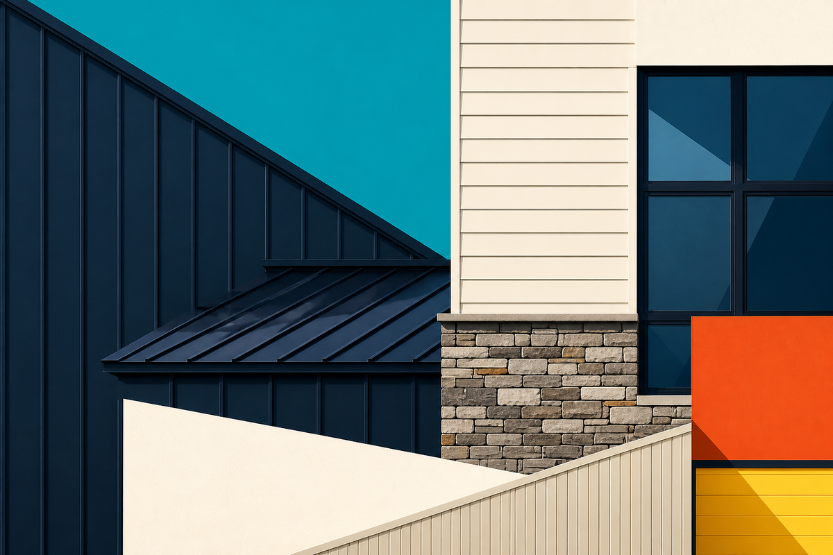 Abstract geometric composition of siding, stone veneer, windows and standing-seam metal panels