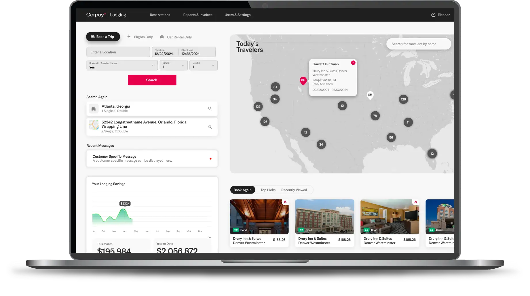 Corpay Lodging dashboard mockup with hotel search, traveler map and reporting