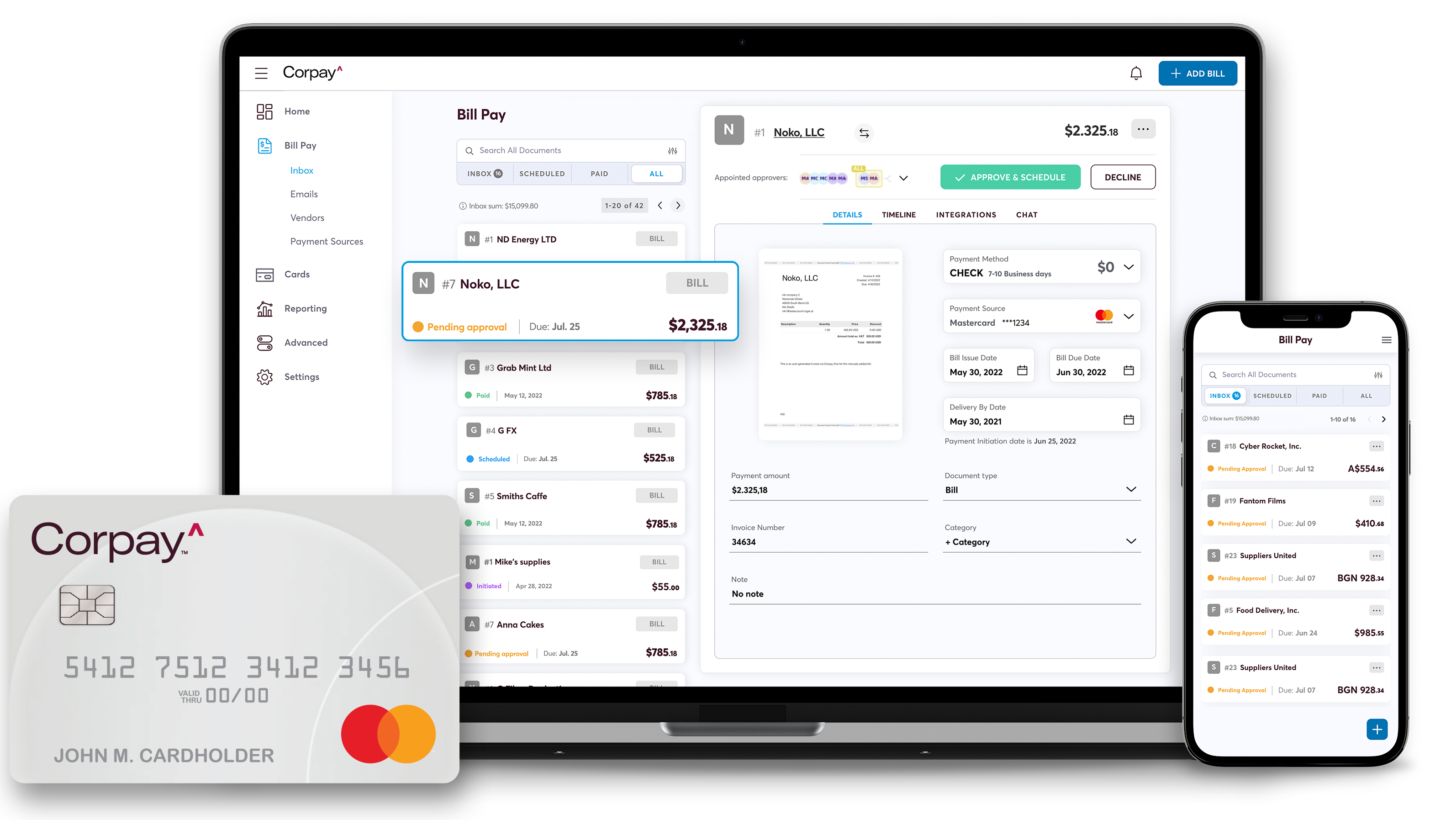 Corpay One promotional product image showing its bill payment dashboard on a laptop and phone beside a business card