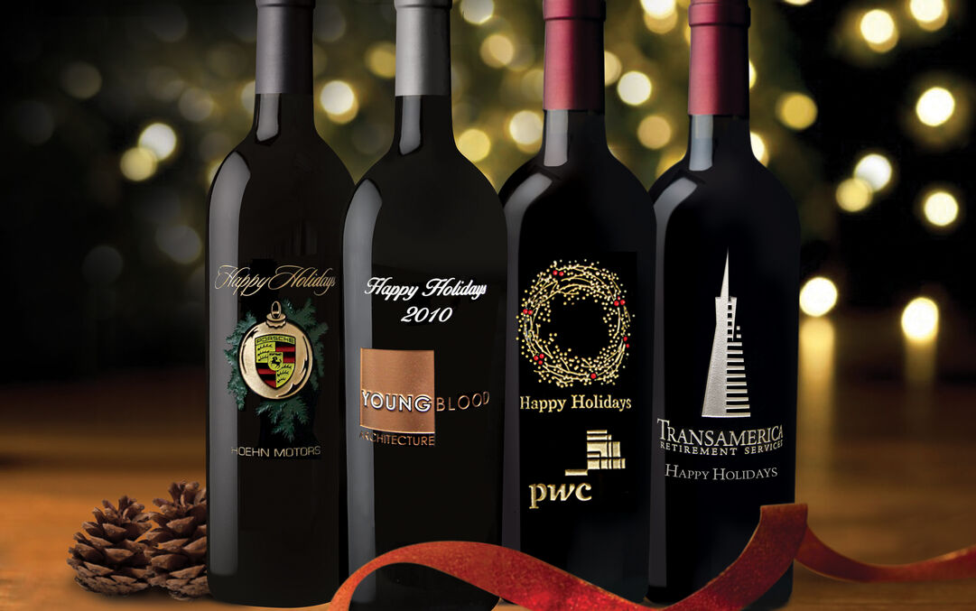 Decorated holiday wine bottles from Corporate Vintage’s seasonal collection