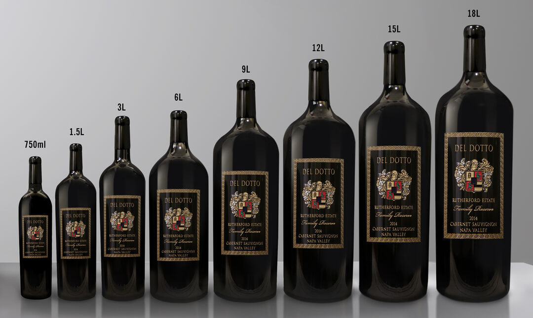 Eight decorated Del Dotto wine bottles arranged from 750 milliliters to 18 liters