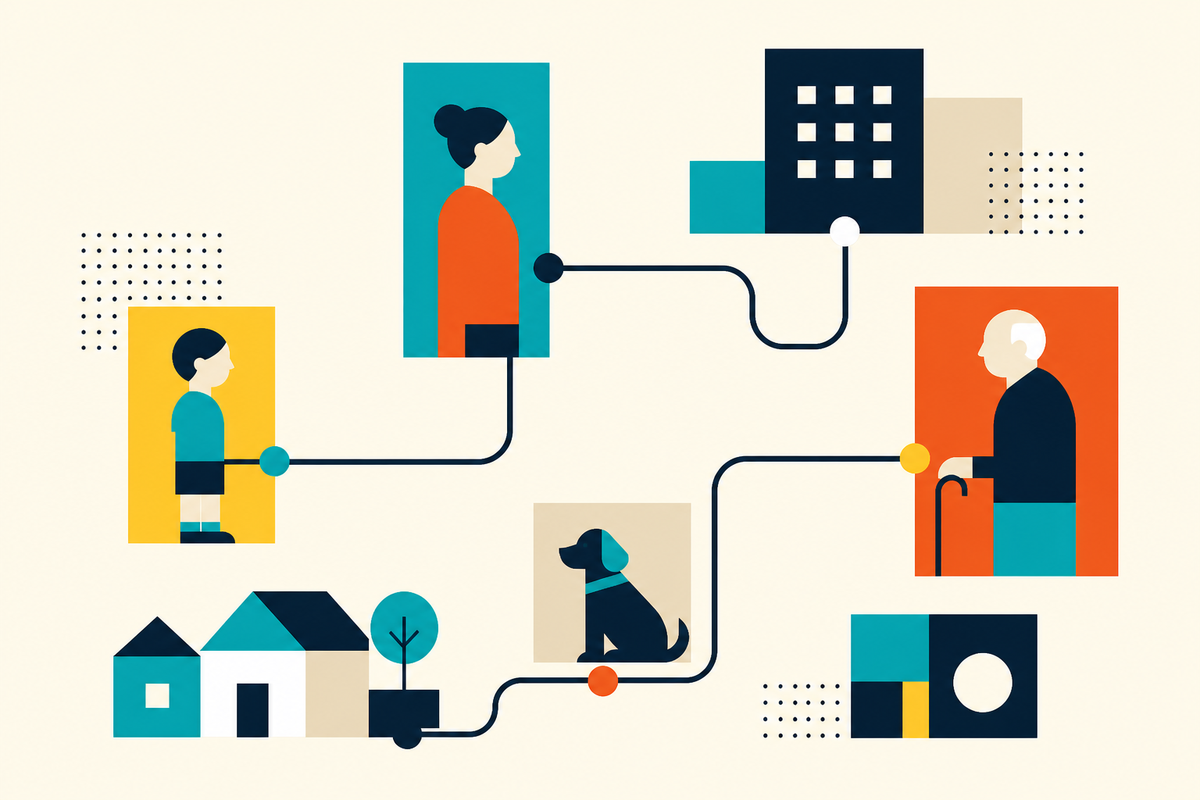 Abstract Swiss-style illustration of families, a pet, homes and a workplace connected by a single care network