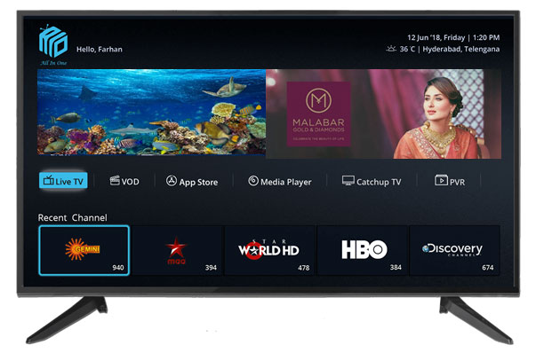 Corpus’s published AIO Smart TV promotional image showing live TV, VOD, app store and catch-up menus