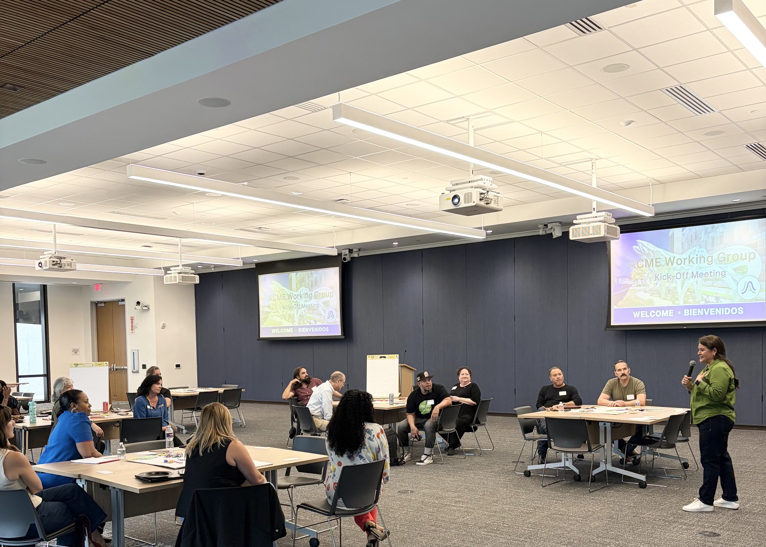 A facilitator speaking to participants seated around tables at a bilingual working-group meeting