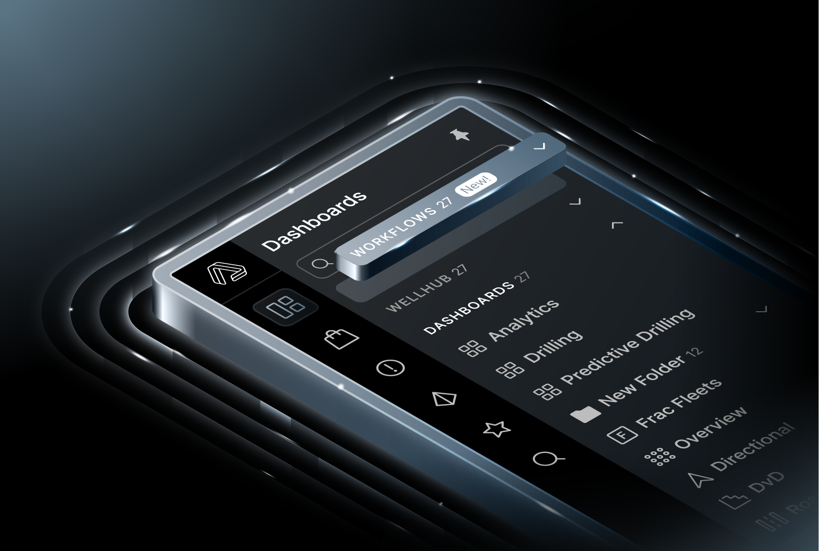 Corva product rendering showing its dashboard and workflow navigation