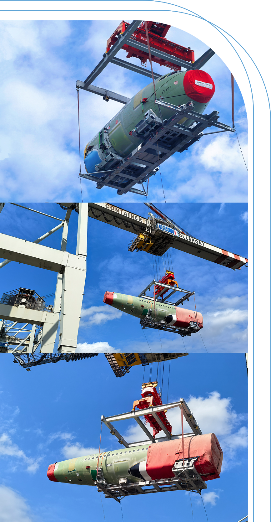 Three photographs of aircraft fuselage sections suspended in specialized lifting frames at a container terminal