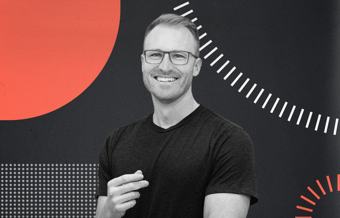 Cosmic founder Eric Ressler in a black-and-white portrait with orange graphic accents