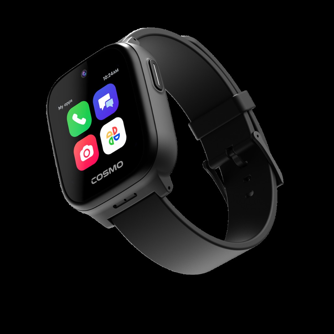 Cosmo JrTrack kids smartwatch showing calling, messaging, camera and app icons on a black band