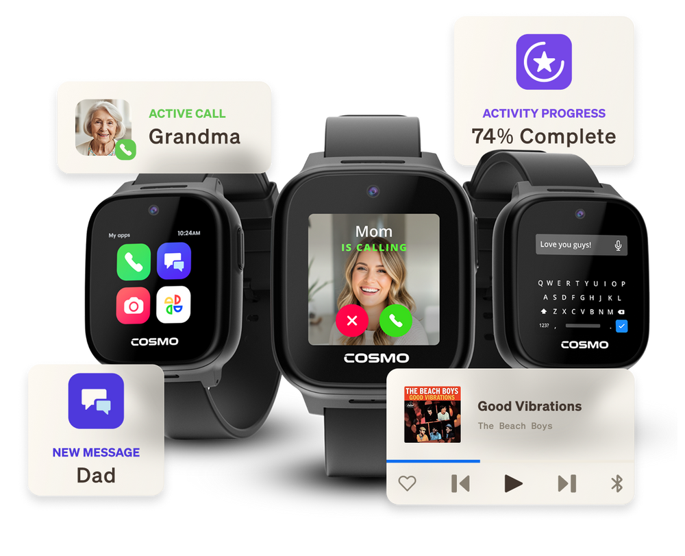 Three Cosmo JrTrack watches showing an incoming video call, a message from Dad, and a music player